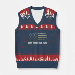 Best Bonus Dad Ever V-Neck Knit Sweater Vest Stepdad American Flag Trees Outdoor Wildlife Nature Vintage Forest TS10 Navy Red Print Your Wear