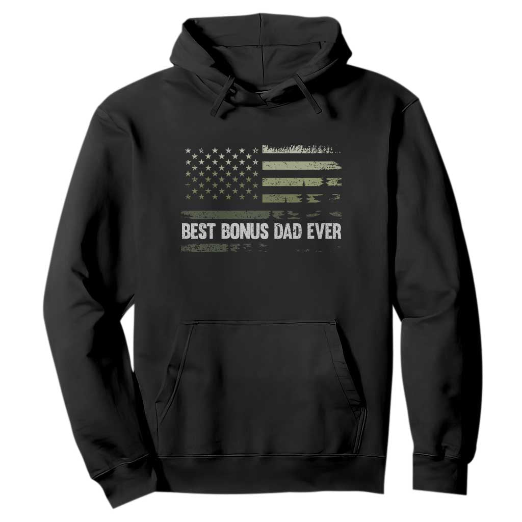 Best Bonus Dad Ever Hoodie Stepdad American Flag Trees Outdoor Wildlife Nature Vintage Forest TS10 Black Print Your Wear