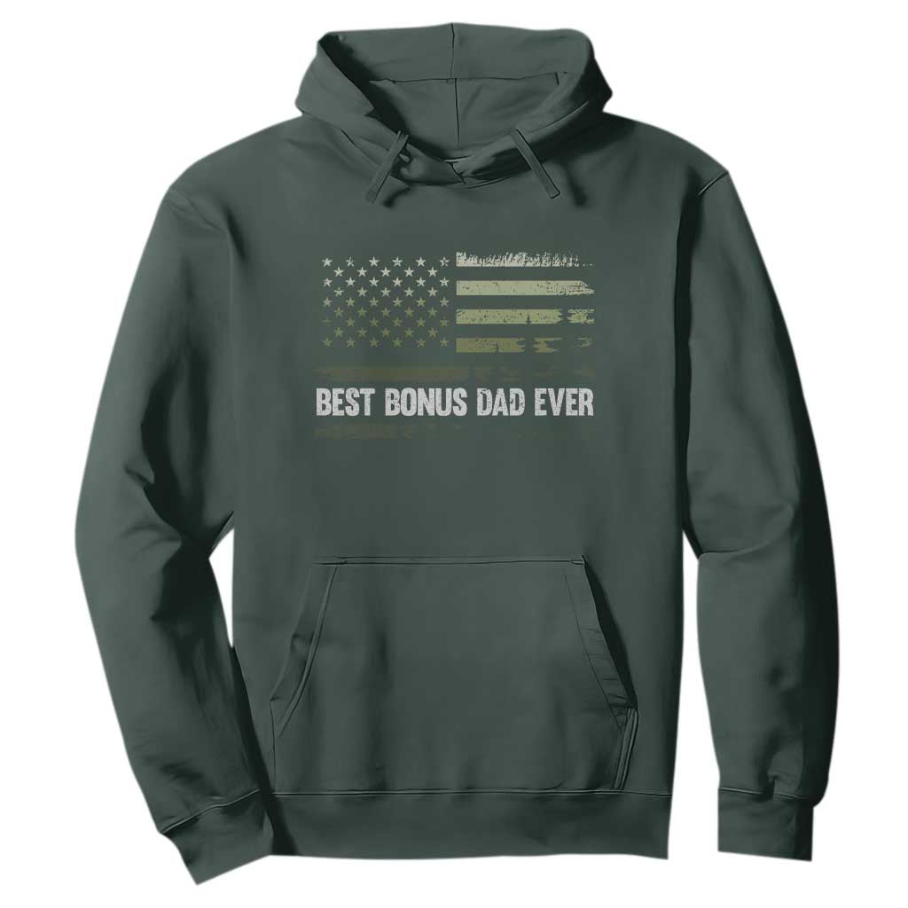 Best Bonus Dad Ever Hoodie Stepdad American Flag Trees Outdoor Wildlife Nature Vintage Forest TS10 Dark Forest Green Print Your Wear