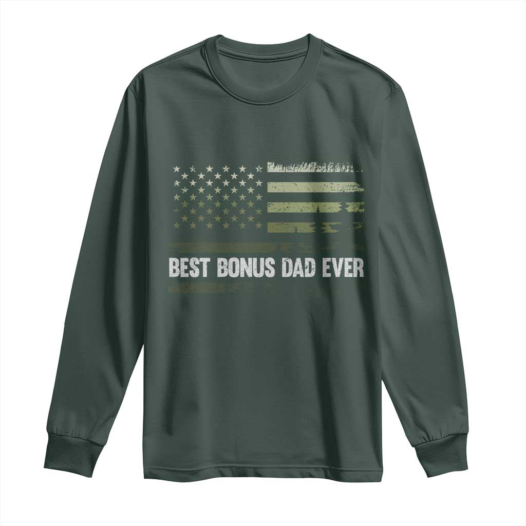 Best Bonus Dad Ever Long Sleeve Shirt Stepdad American Flag Trees Outdoor Wildlife Nature Vintage Forest TS10 Dark Forest Green Print Your Wear