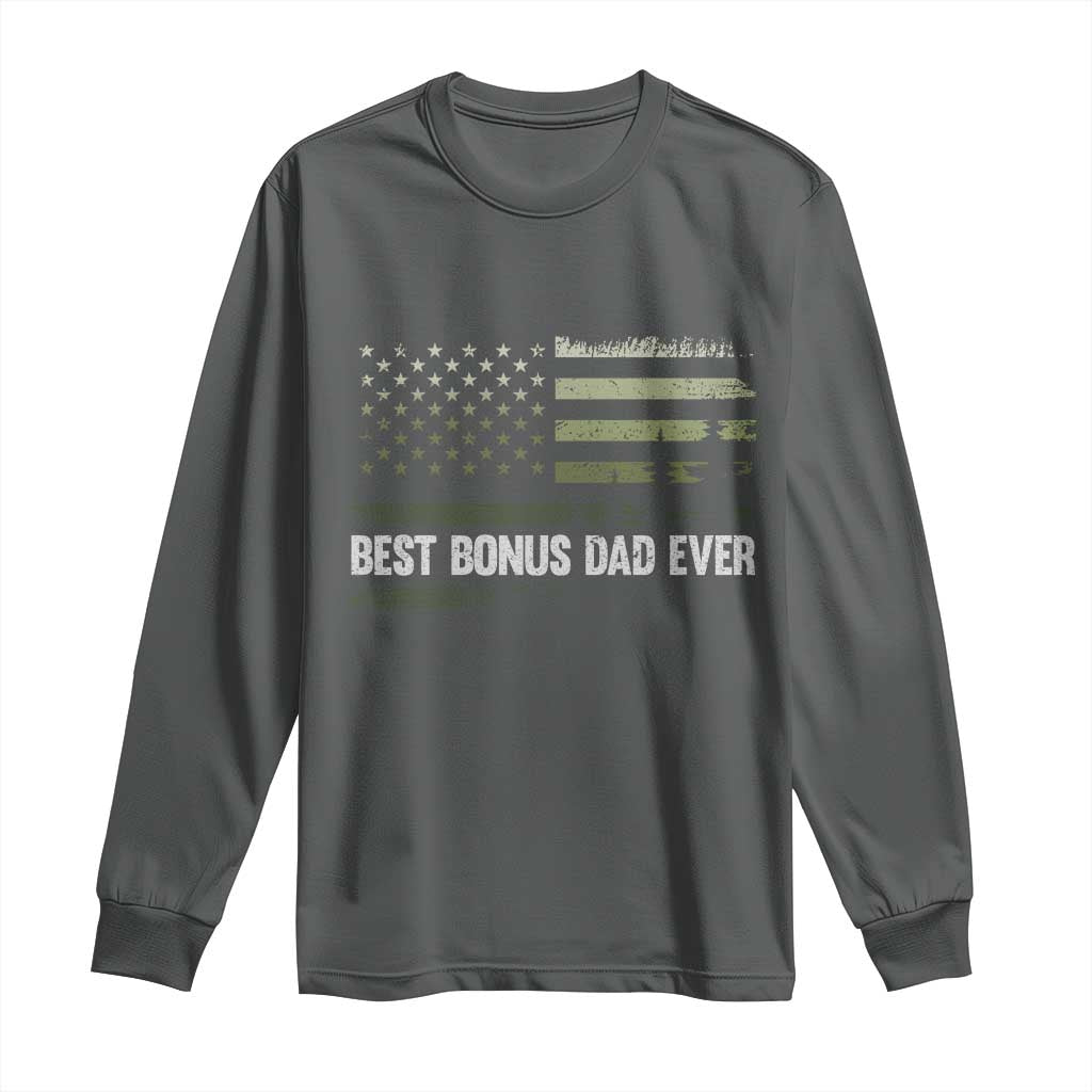 Best Bonus Dad Ever Long Sleeve Shirt Stepdad American Flag Trees Outdoor Wildlife Nature Vintage Forest TS10 Dark Heather Print Your Wear