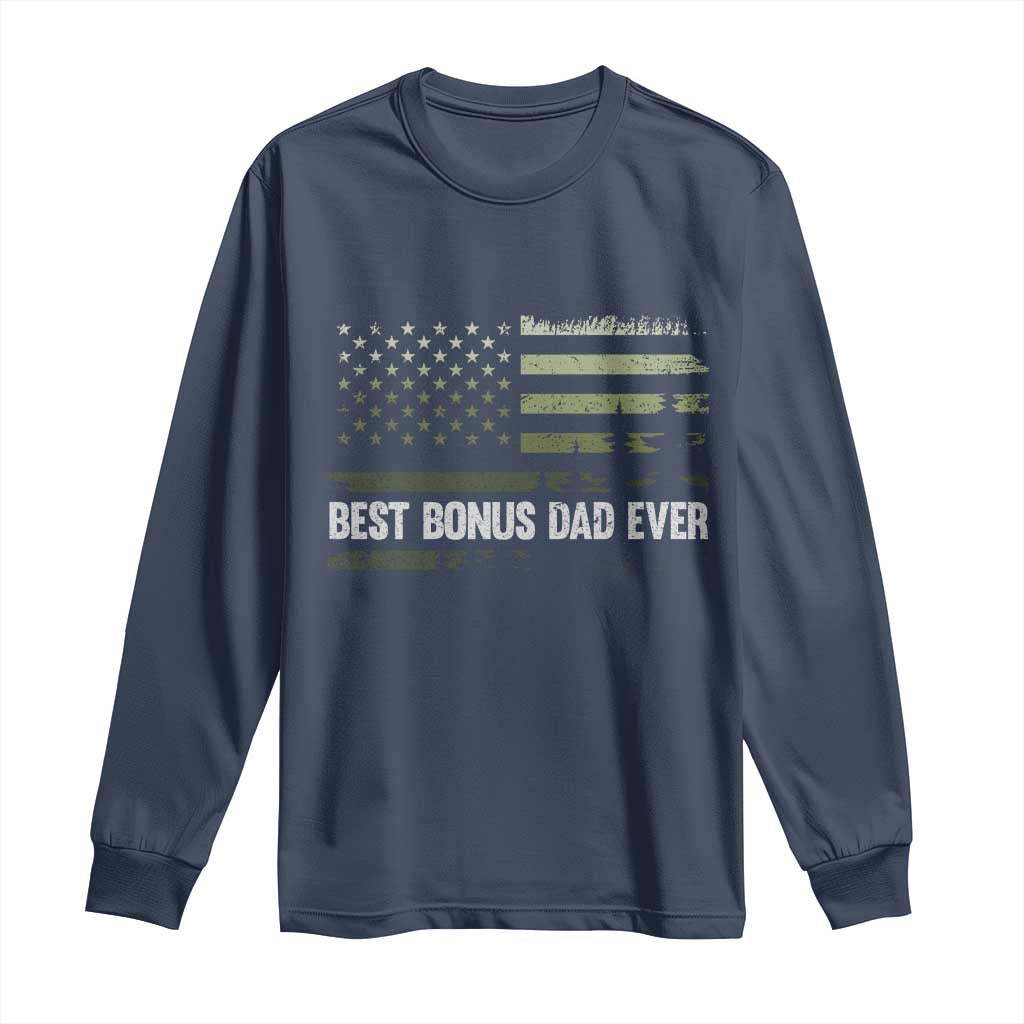 Best Bonus Dad Ever Long Sleeve Shirt Stepdad American Flag Trees Outdoor Wildlife Nature Vintage Forest TS10 Navy Print Your Wear