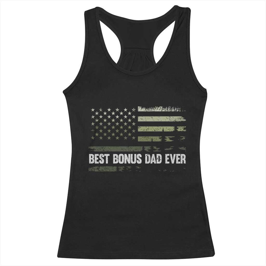 Best Bonus Dad Ever Racerback Tank Top Stepdad American Flag Trees Outdoor Wildlife Nature Vintage Forest TS10 Black Print Your Wear