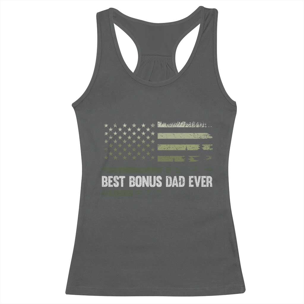 Best Bonus Dad Ever Racerback Tank Top Stepdad American Flag Trees Outdoor Wildlife Nature Vintage Forest TS10 Dark Heather Print Your Wear