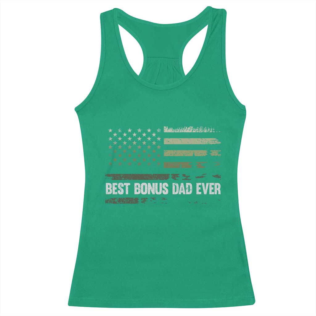 Best Bonus Dad Ever Racerback Tank Top Stepdad American Flag Trees Outdoor Wildlife Nature Vintage Forest TS10 Irish Green Print Your Wear