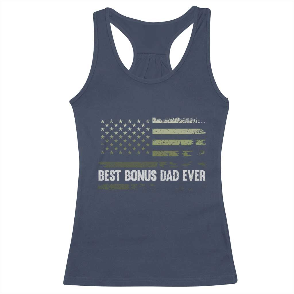 Best Bonus Dad Ever Racerback Tank Top Stepdad American Flag Trees Outdoor Wildlife Nature Vintage Forest TS10 Navy Print Your Wear