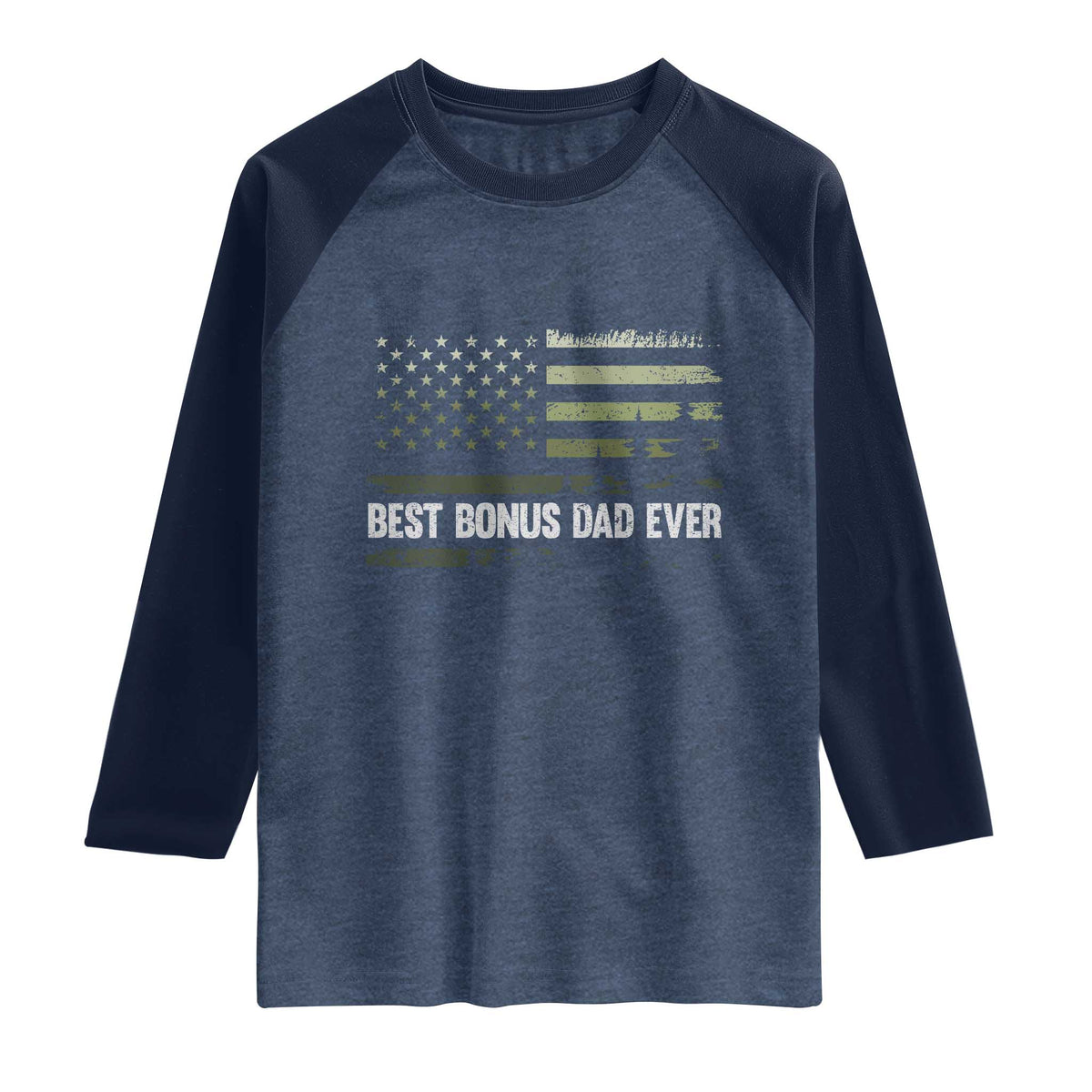 Best Bonus Dad Ever Raglan Shirt Stepdad American Flag Trees Outdoor Wildlife Nature Vintage Forest TS10 Heather Denim Navy Print Your Wear