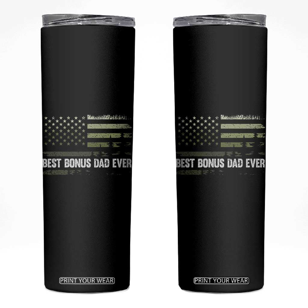 Best Bonus Dad Ever Skinny Tumbler Stepdad American Flag Trees Outdoor Wildlife Nature Vintage Forest TS10 Black Print Your Wear