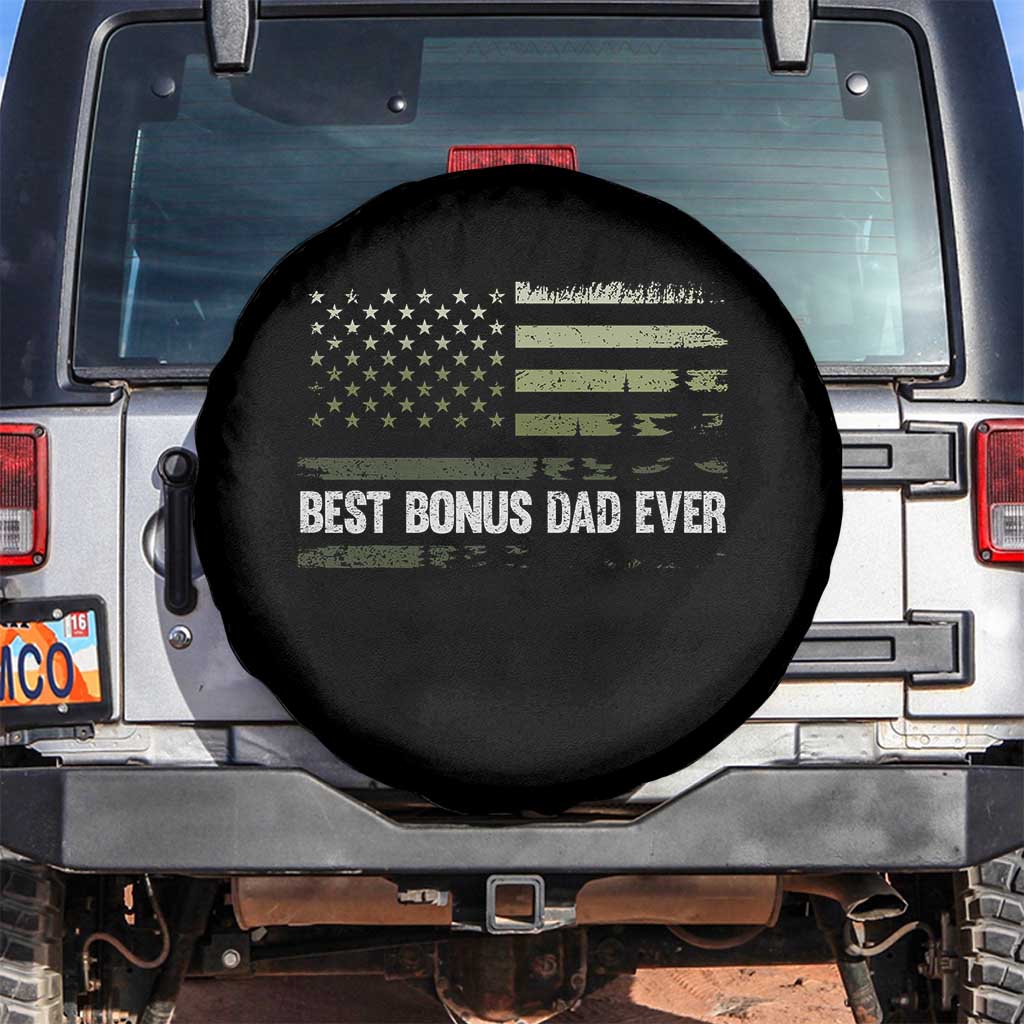 Best Bonus Dad Ever Spare Tire Cover Stepdad American Flag Trees Outdoor Wildlife Nature Vintage Forest TS10 No hole Black Print Your Wear