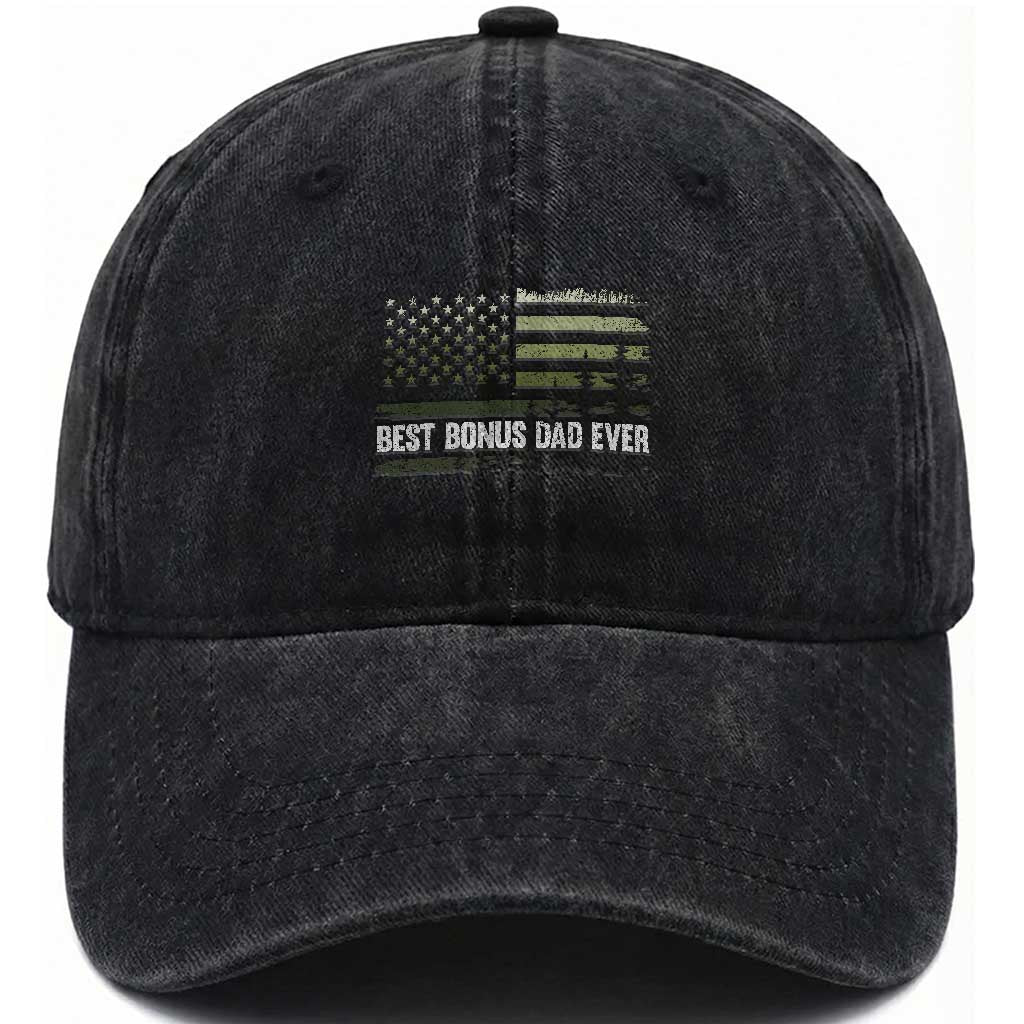 Best Bonus Dad Ever Washed Cotton Baseball Cap Stepdad American Flag Trees Outdoor Wildlife Nature Vintage Forest TS10 Print Your Wear