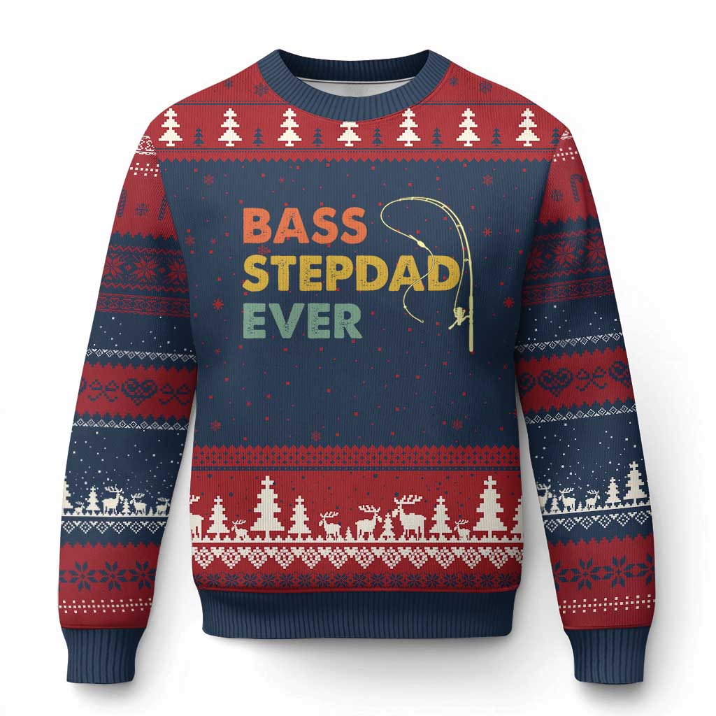 Fishing Bonus Dad Ugly Christmas Sweater Retro Bass Stepdad Ever Fathers Day Fisherman TS10 Navy Red Print Your Wear