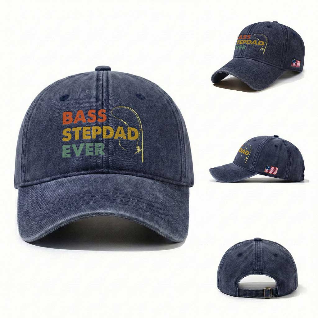 Fishing Bonus Dad Washed Cotton Baseball Cap Retro Bass Stepdad Ever Fathers Day Fisherman TS10 Washed Cap Universal Fit Navy Print Your Wear