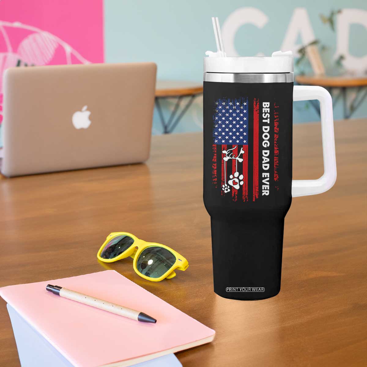 Best Dog Dad Ever Tumbler With Handle Fathers Day Gift From Dog USA Flag Puppy Lover Paw