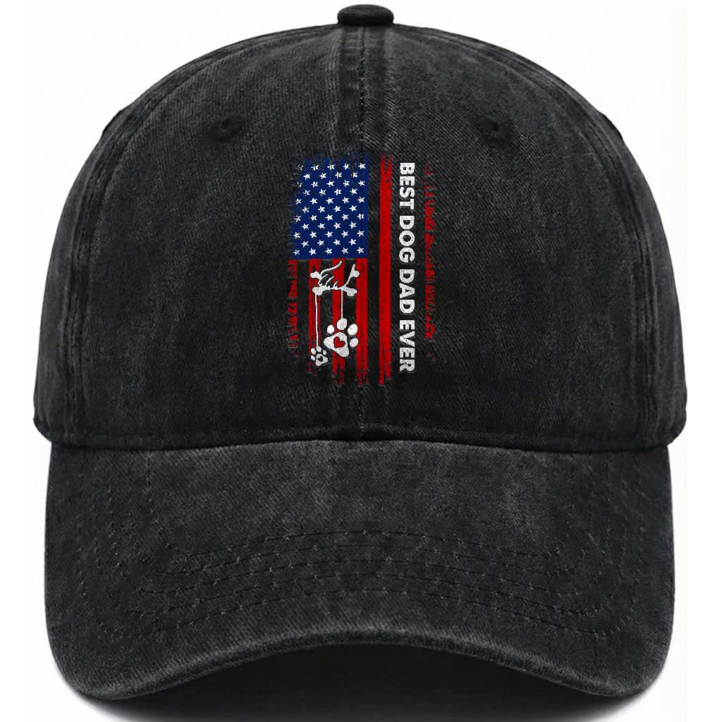 Best Dog Dad Ever Washed Cotton Baseball Cap Fathers Day Gift From Dog USA Flag Puppy Lover Paw