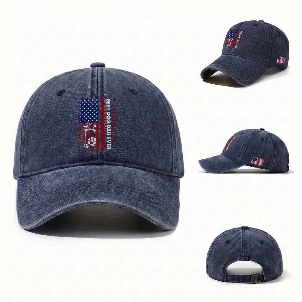 Best Dog Dad Ever Washed Cotton Baseball Cap Fathers Day Gift From Dog USA Flag Puppy Lover Paw