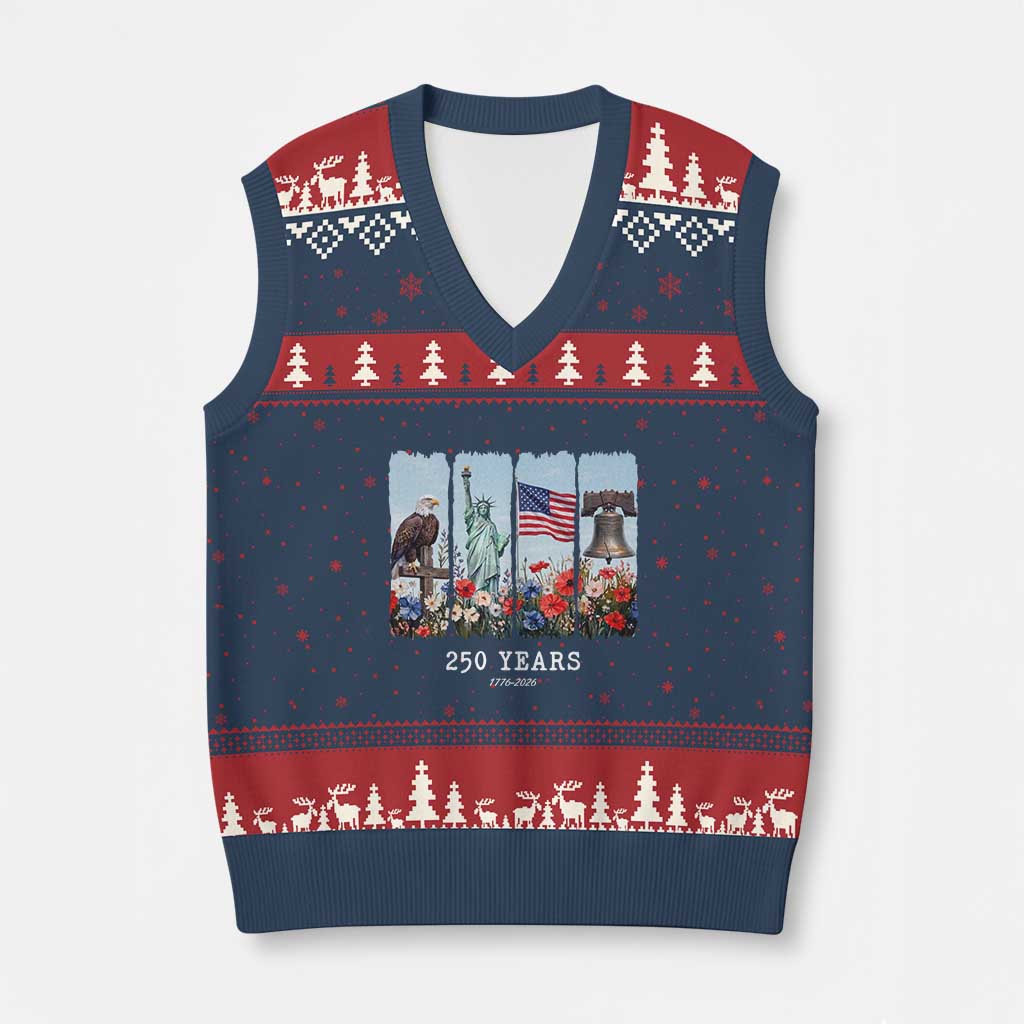 250 Years American 1776 2026 V-Neck Knit Sweater Vest 250th 4th July Independence Day Eagle Statue of Liberty Flag