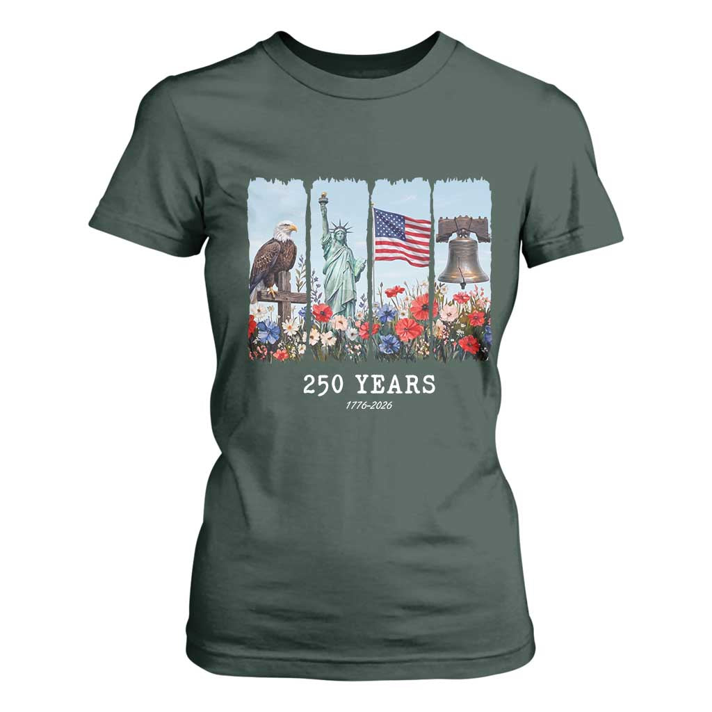 250 Years American 1776 2026 T Shirt For Women 250th 4th July Independence Day Eagle Statue of Liberty Flag