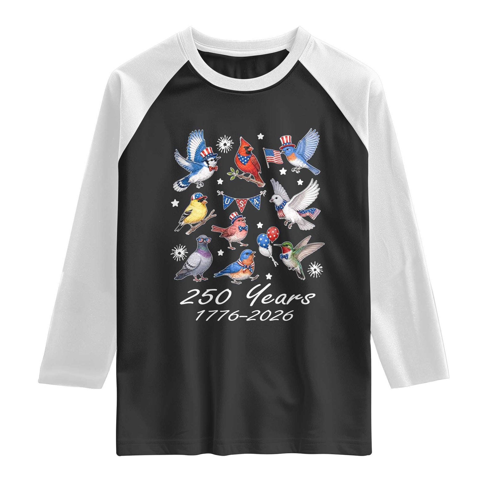 USA 250th Anniversary Bird Raglan Shirt Patriotic American Birds Independence Day Birdwatchers Birders TS10 Black White Print Your Wear
