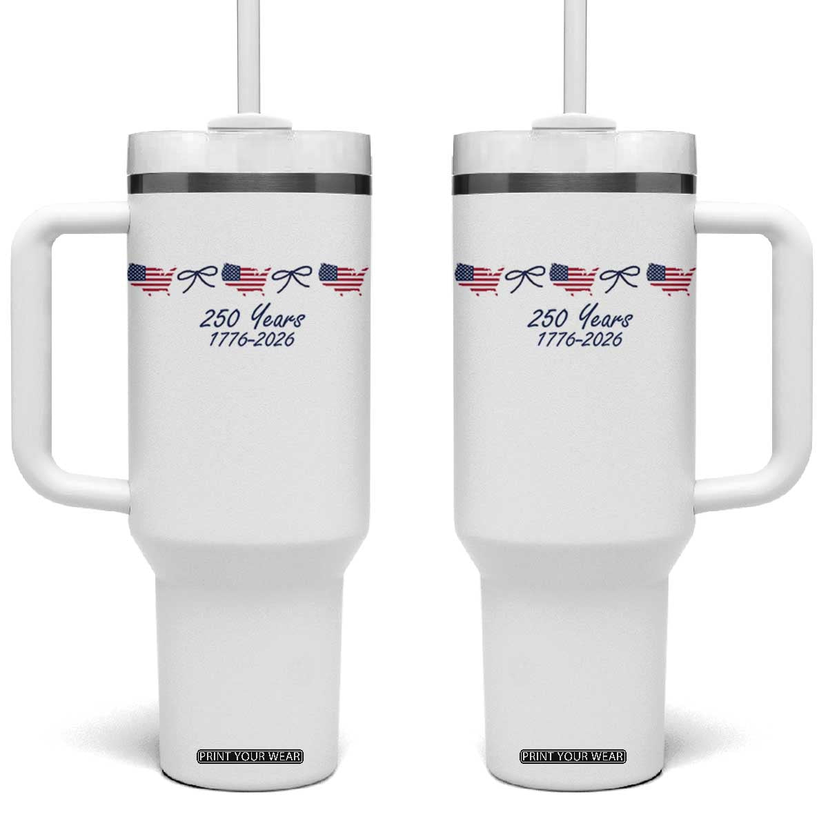 250th Anniversary USA Tumbler With Handle American Flag Dainty Bow 4th of July TS10 One Size: 40 oz White Print Your Wear