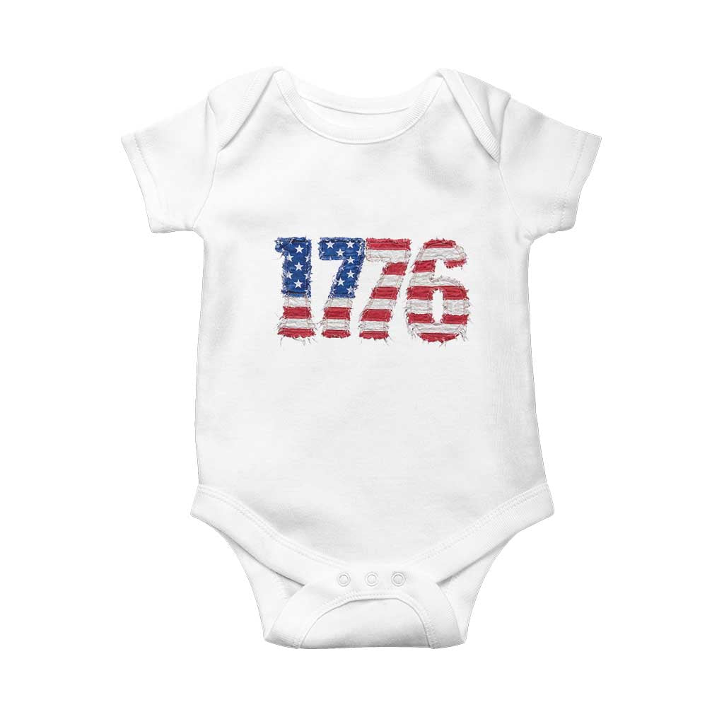 Distressed Faux Patchwork 1776 USA Flag Baby Onesie Vintage Effect Printing Patriotic Graphic 4th Of July Independence Day