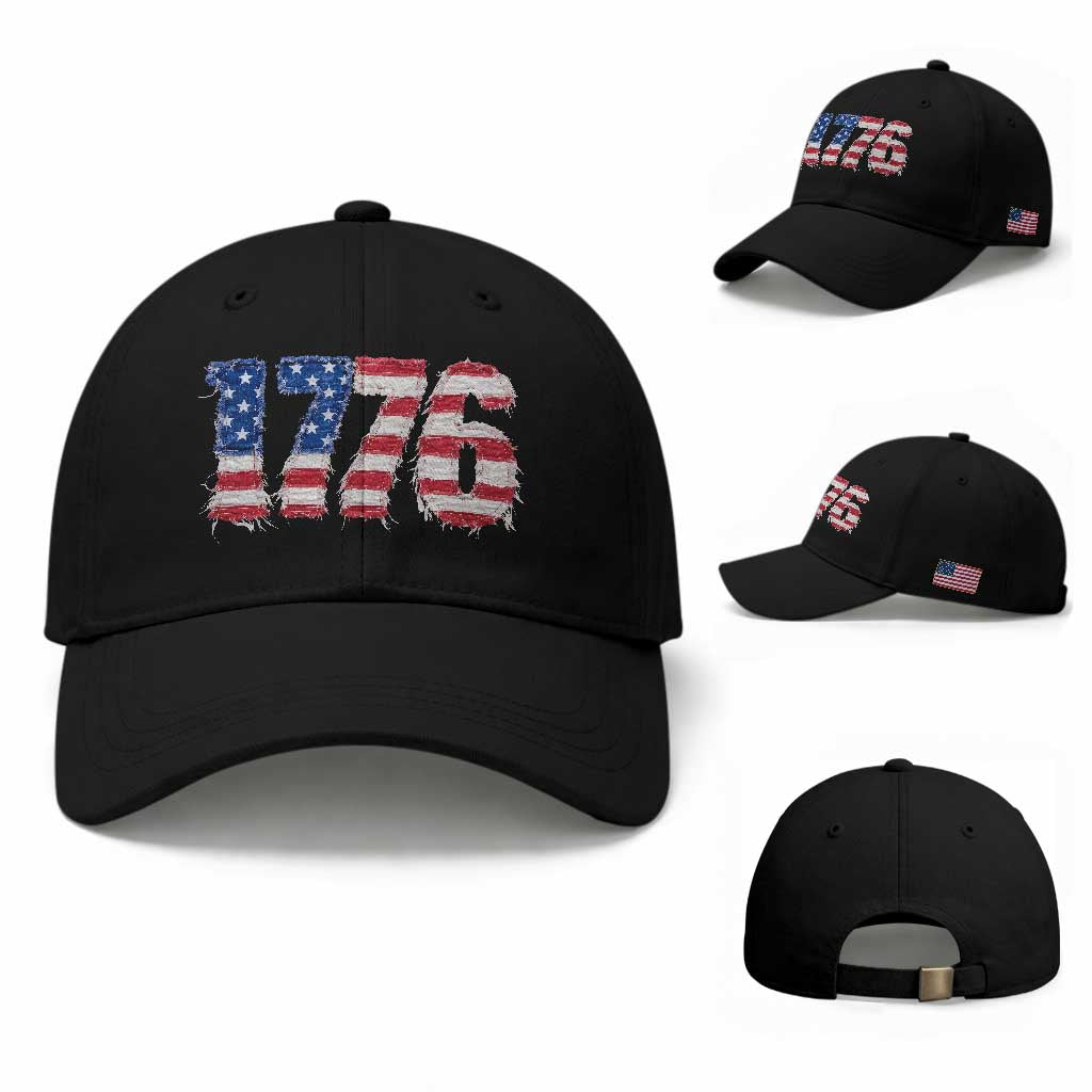 Distressed Faux Patchwork 1776 USA Flag Baseball Cap Vintage Effect Printing Patriotic Graphic 4th Of July Independence Day