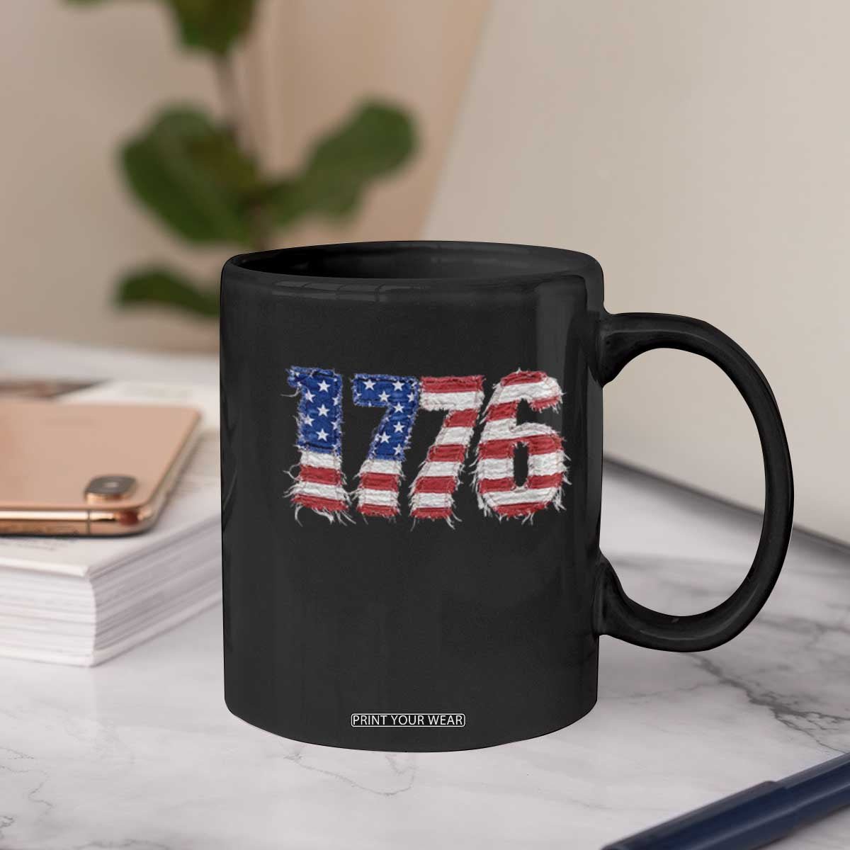 Distressed Faux Patchwork 1776 USA Flag Coffee Mug Vintage Effect Printing Patriotic Graphic 4th Of July Independence Day