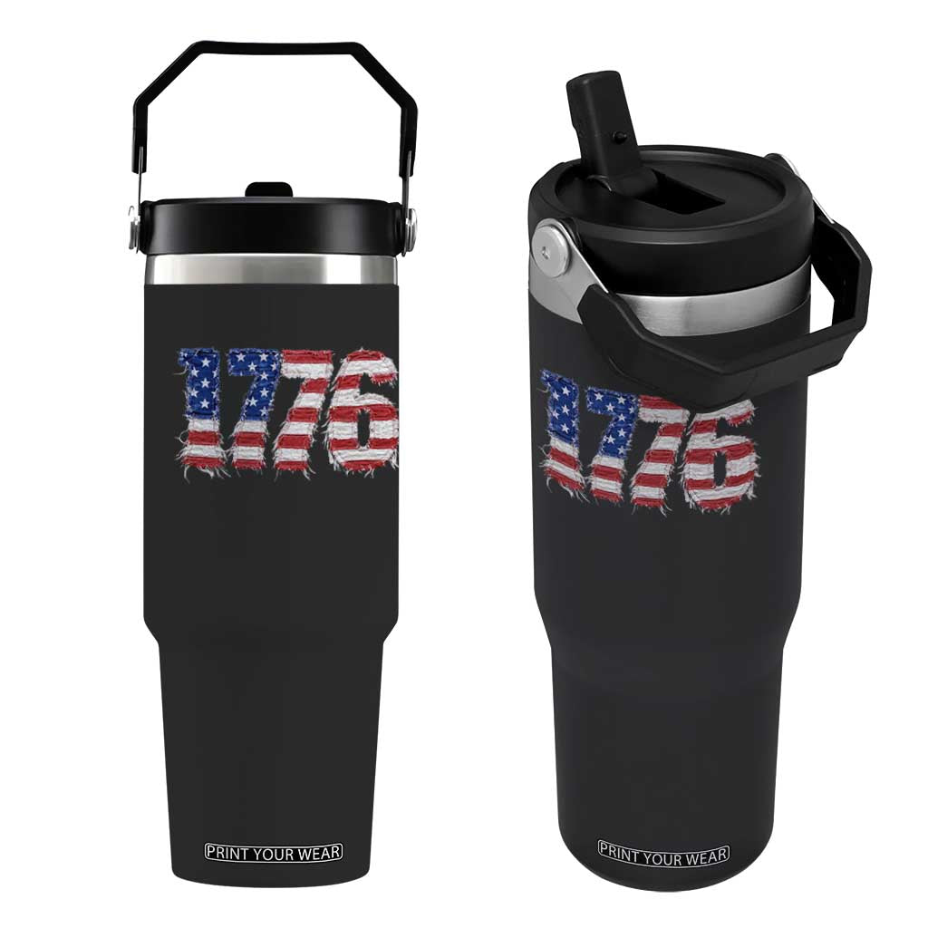 Distressed Faux Patchwork 1776 USA Flag Flip Straw Tumbler Vintage Effect Printing Patriotic Graphic 4th Of July Independence Day