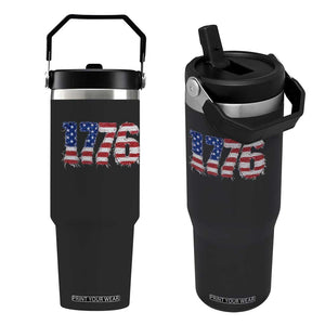Distressed Faux Patchwork 1776 USA Flag Flip Straw Tumbler Vintage Effect Printing Patriotic Graphic 4th Of July Independence Day