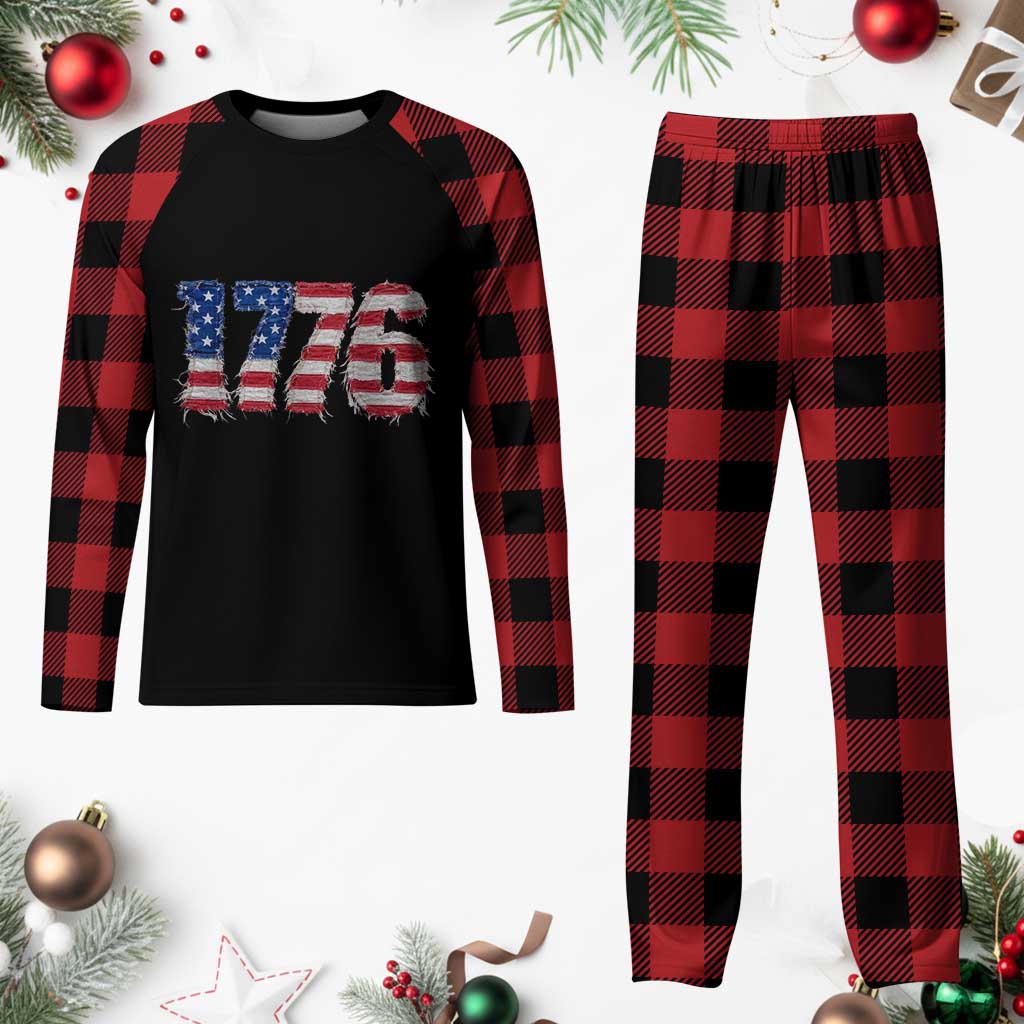 Distressed Faux Patchwork 1776 USA Flag Plaid Pajama Set Vintage Effect Printing Patriotic Graphic 4th Of July Independence Day