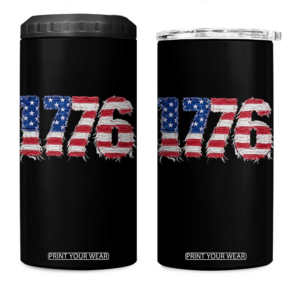 Distressed Faux Patchwork 1776 USA Flag 4 in 1 Can Cooler Tumbler Vintage Effect Printing Patriotic Graphic 4th Of July Independence Day