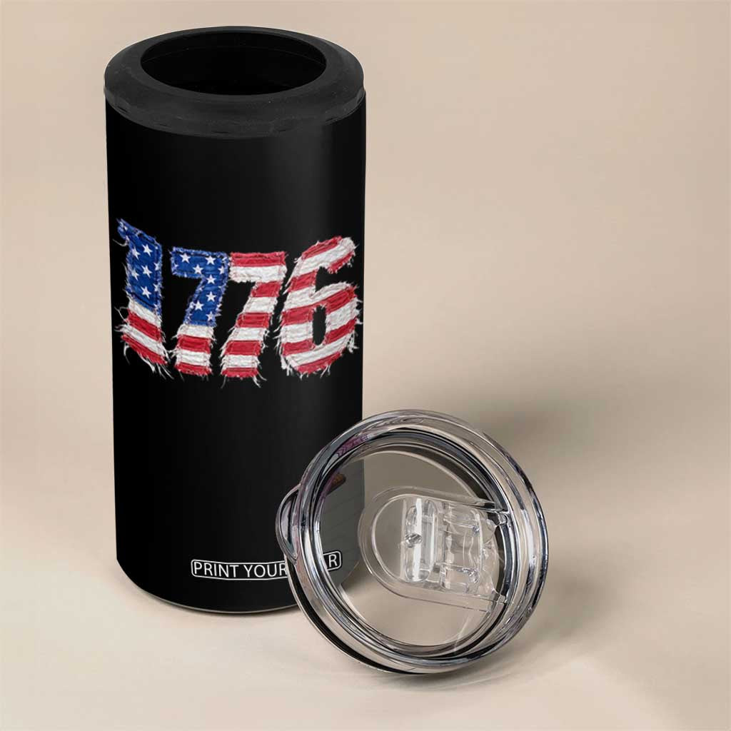 Distressed Faux Patchwork 1776 USA Flag 4 in 1 Can Cooler Tumbler Vintage Effect Printing Patriotic Graphic 4th Of July Independence Day