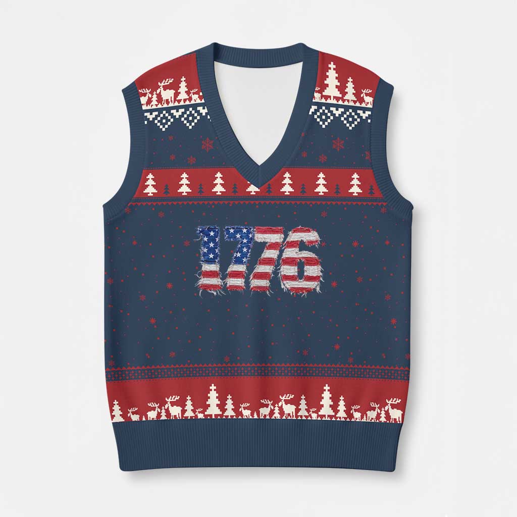 Distressed Faux Patchwork 1776 USA Flag V-Neck Knit Sweater Vest Vintage Effect Printing Patriotic Graphic 4th Of July Independence Day