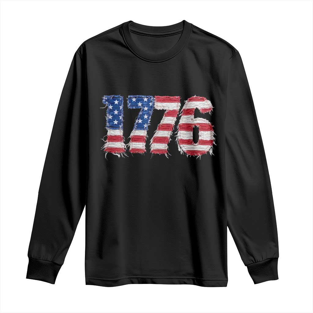 Distressed Faux Patchwork 1776 USA Flag Long Sleeve Shirt Vintage Effect Printing Patriotic Graphic 4th Of July Independence Day
