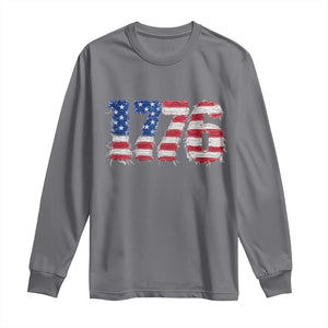 Distressed Faux Patchwork 1776 USA Flag Long Sleeve Shirt Vintage Effect Printing Patriotic Graphic 4th Of July Independence Day