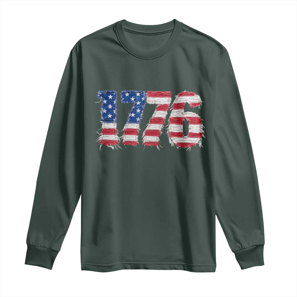 Distressed Faux Patchwork 1776 USA Flag Long Sleeve Shirt Vintage Effect Printing Patriotic Graphic 4th Of July Independence Day