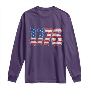 Distressed Faux Patchwork 1776 USA Flag Long Sleeve Shirt Vintage Effect Printing Patriotic Graphic 4th Of July Independence Day