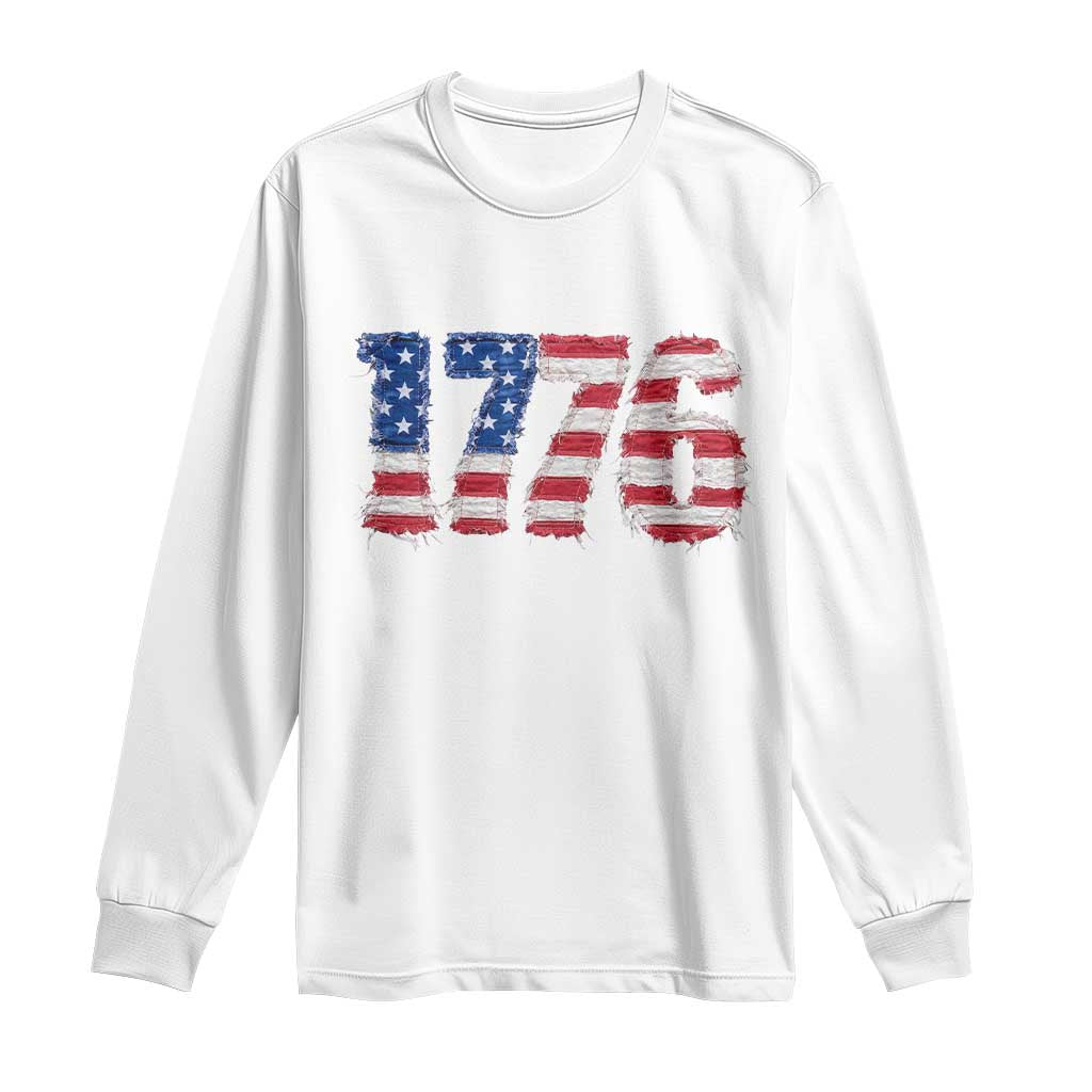 Distressed Faux Patchwork 1776 USA Flag Long Sleeve Shirt Vintage Effect Printing Patriotic Graphic 4th Of July Independence Day
