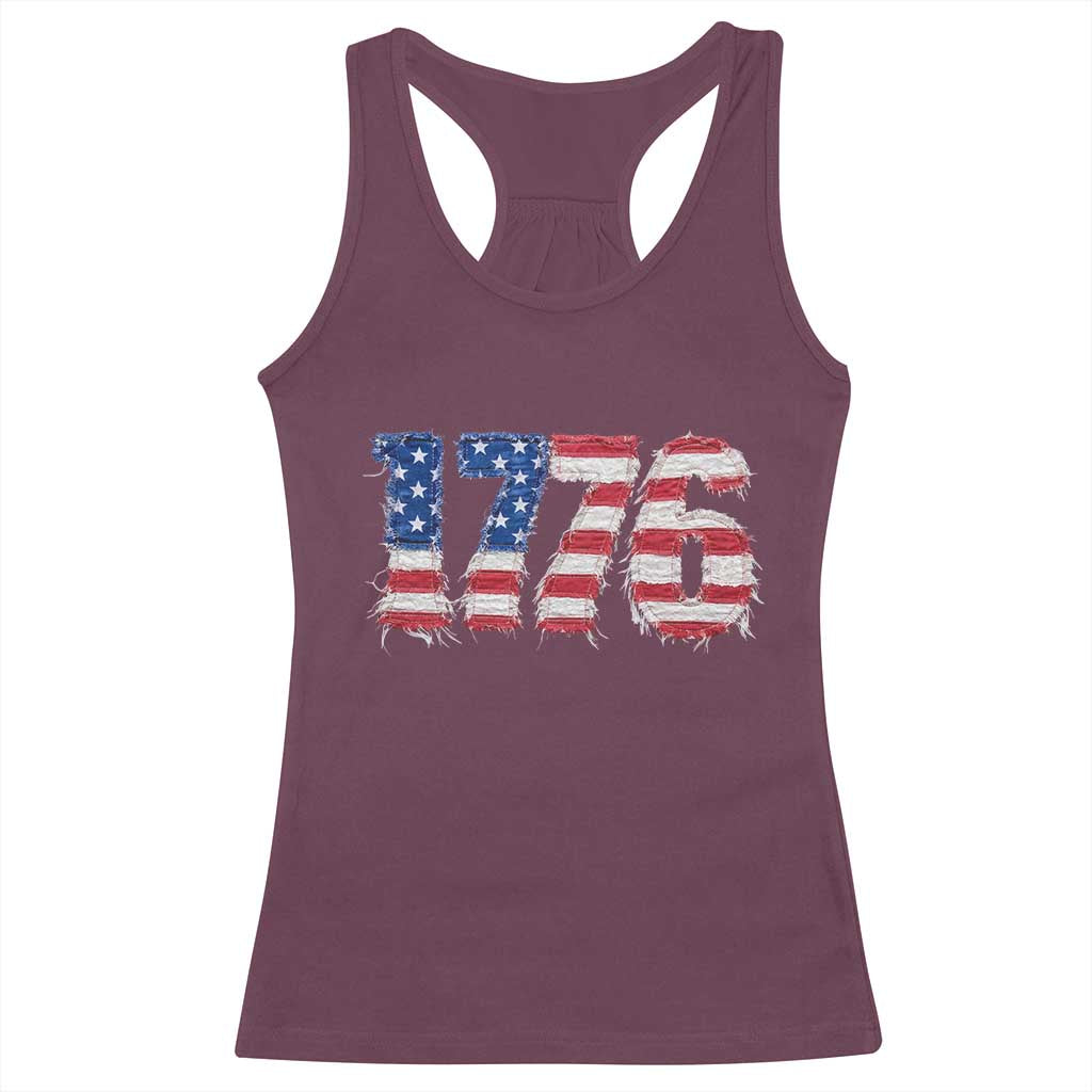 Distressed Faux Patchwork 1776 USA Flag Racerback Tank Top Vintage Effect Printing Patriotic Graphic 4th Of July Independence Day