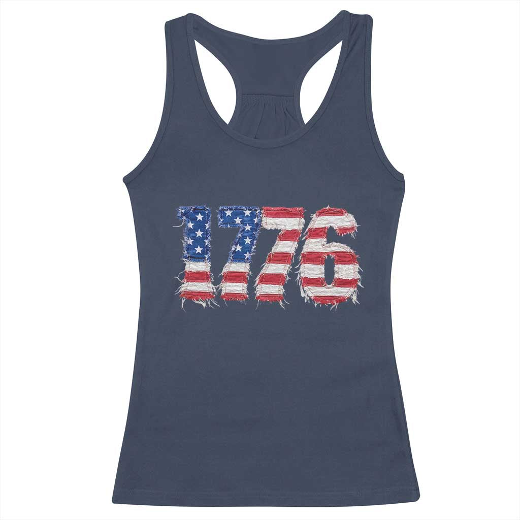 Distressed Faux Patchwork 1776 USA Flag Racerback Tank Top Vintage Effect Printing Patriotic Graphic 4th Of July Independence Day