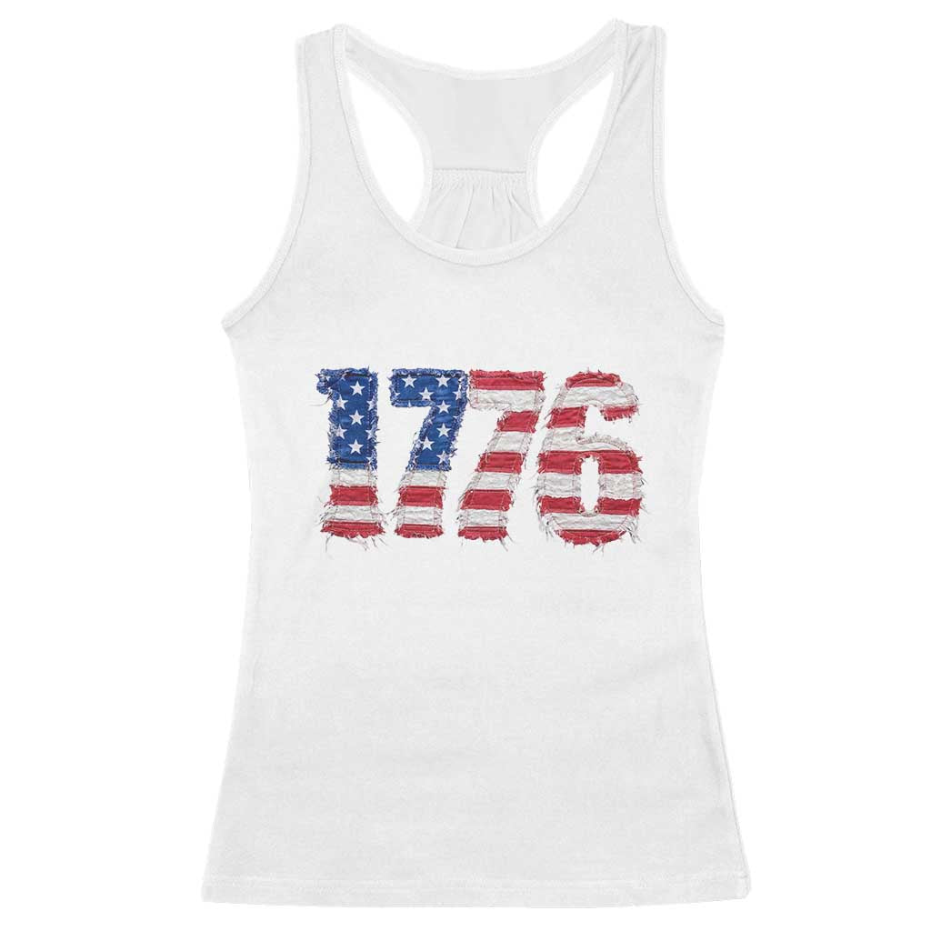 Distressed Faux Patchwork 1776 USA Flag Racerback Tank Top Vintage Effect Printing Patriotic Graphic 4th Of July Independence Day