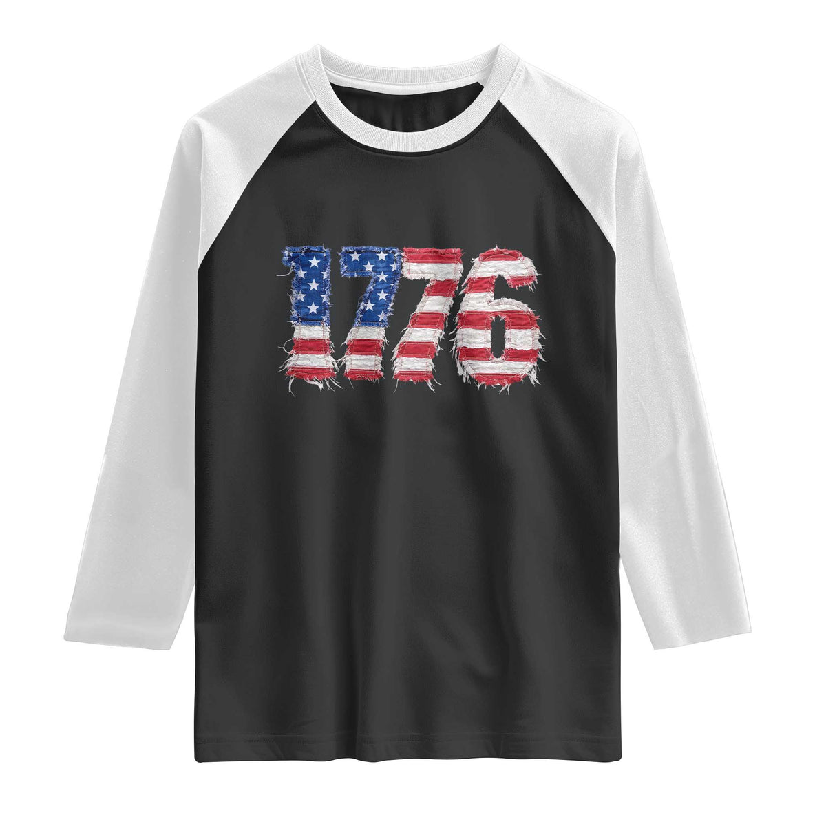 Distressed Faux Patchwork 1776 USA Flag Raglan Shirt Vintage Effect Printing Patriotic Graphic 4th Of July Independence Day