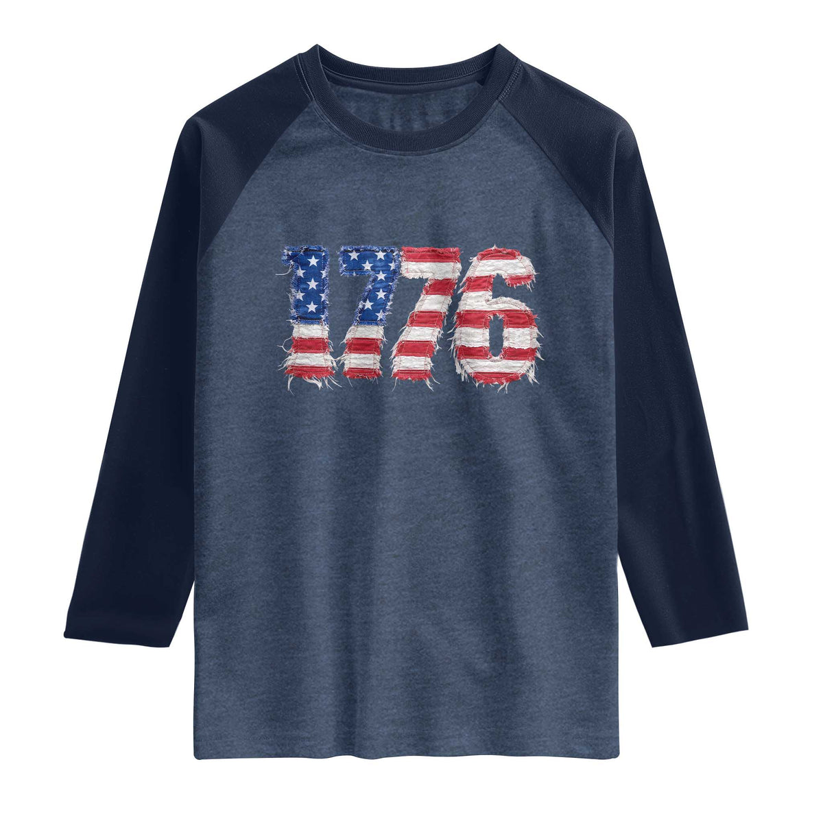 Distressed Faux Patchwork 1776 USA Flag Raglan Shirt Vintage Effect Printing Patriotic Graphic 4th Of July Independence Day