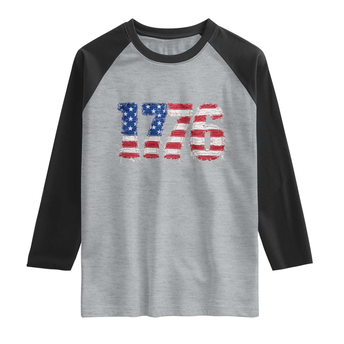Distressed Faux Patchwork 1776 USA Flag Raglan Shirt Vintage Effect Printing Patriotic Graphic 4th Of July Independence Day