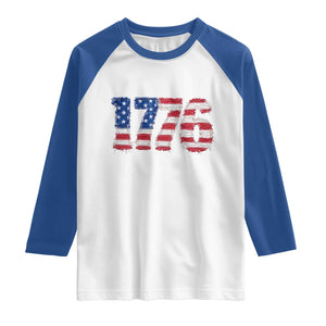 Distressed Faux Patchwork 1776 USA Flag Raglan Shirt Vintage Effect Printing Patriotic Graphic 4th Of July Independence Day