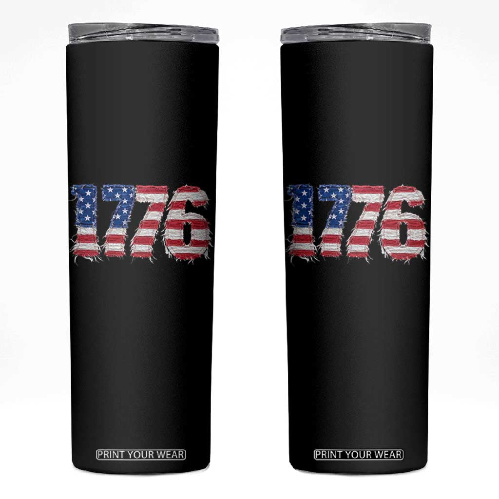 Distressed Faux Patchwork 1776 USA Flag Skinny Tumbler Vintage Effect Printing Patriotic Graphic 4th Of July Independence Day
