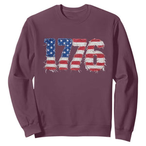 Distressed Faux Patchwork 1776 USA Flag Sweatshirt Vintage Effect Printing Patriotic Graphic 4th Of July Independence Day