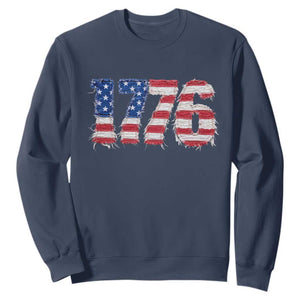 Distressed Faux Patchwork 1776 USA Flag Sweatshirt Vintage Effect Printing Patriotic Graphic 4th Of July Independence Day