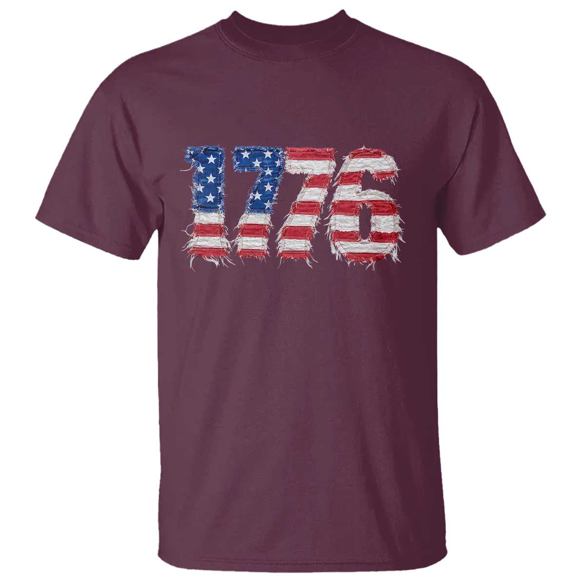 Distressed Faux Patchwork 1776 USA Flag T Shirt Vintage Effect Printing Patriotic Graphic 4th Of July Independence Day