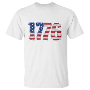 Distressed Faux Patchwork 1776 USA Flag T Shirt Vintage Effect Printing Patriotic Graphic 4th Of July Independence Day
