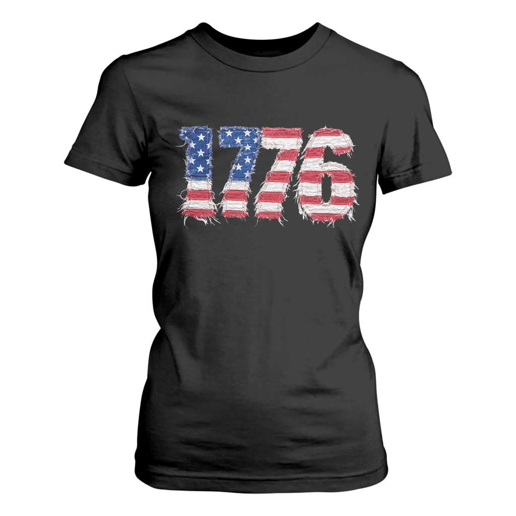 Distressed Faux Patchwork 1776 USA Flag T Shirt For Women Vintage Effect Printing Patriotic Graphic 4th Of July Independence Day
